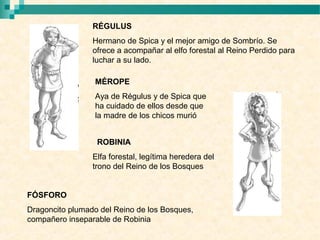 RÉGULUS
                 Hermano de Spica y el mejor amigo de Sombrío. Se
                 ofrece a acompañar al elfo forestal al Reino Perdido para
                 luchar a su lado.

                 MÉROPE
                 Aya de Régulus y de Spica que
                 ha cuidado de ellos desde que
                 la madre de los chicos murió


                  ROBINIA
                 Elfa forestal, legítima heredera del
                 trono del Reino de los Bosques


FÓSFORO
Dragoncito plumado del Reino de los Bosques,
compañero inseparable de Robinia
 
