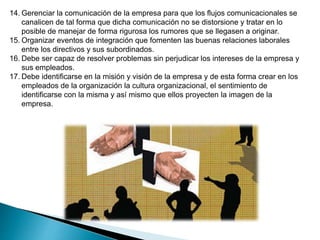 14. Gerenciar la comunicación de la empresa para que los flujos comunicacionales se
canalicen de tal forma que dicha comunicación no se distorsione y tratar en lo
posible de manejar de forma rigurosa los rumores que se llegasen a originar.
15. Organizar eventos de integración que fomenten las buenas relaciones laborales
entre los directivos y sus subordinados.
16. Debe ser capaz de resolver problemas sin perjudicar los intereses de la empresa y
sus empleados.
17. Debe identificarse en la misión y visión de la empresa y de esta forma crear en los
empleados de la organización la cultura organizacional, el sentimiento de
identificarse con la misma y así mismo que ellos proyecten la imagen de la
empresa.
 