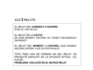 ELS  3  RELATS EL RELAT DEL  CANDIDAT O GOVERN :  D’ON V É, CAP ON VA? EL RELAT DE LA  CIUTAT :  EN QUIN MOMENT HISTÒRIC ES TROBA? DECADÈNCIA? EXPANSIÓ? EL RELAT DEL  MOMENT I L’ENTORN :  QUIN MOMENT HISTÒRIC ESTEM? I LES CIUTATS RIVALS? TOTS TRES HAN DE FORMAR UN SOL RELAT: UN PROJECTE EXPLICAT DE LA SITUACIÓ ACTUAL I EL FUTUR:  PROBLEMA I SOLUCIÓ EN EL MATEIX RELAT 