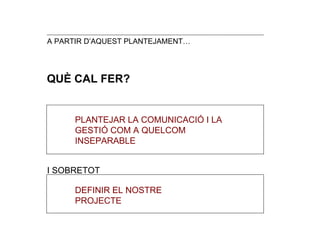 PLANTEJAR LA COMUNICACI Ó I LA GESTIÓ COM A QUELCOM INSEPARABLE QU È CAL FER? DEFINIR EL NOSTRE PROJECTE I SOBRETOT  A PARTIR D’AQUEST PLANTEJAMENT… 