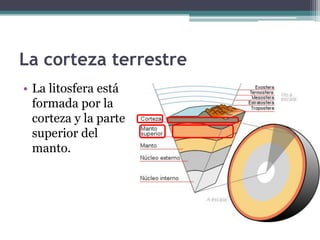 La corteza terrestre
• La litosfera está
  formada por la
  corteza y la parte
  superior del
  manto.
 