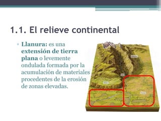 1.1. El relieve continental
 ▫ Llanura: es una
   extensión de tierra
   plana o levemente
   ondulada formada por la
   acumulación de materiales
   procedentes de la erosión
   de zonas elevadas.
 