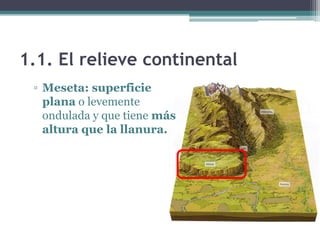 1.1. El relieve continental
 ▫ Meseta: superficie
   plana o levemente
   ondulada y que tiene más
   altura que la llanura.
 