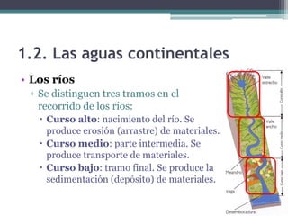 1.2. Las aguas continentales
• Los ríos
 ▫ Se distinguen tres tramos en el
   recorrido de los ríos:
    Curso alto: nacimiento del río. Se
     produce erosión (arrastre) de materiales.
    Curso medio: parte intermedia. Se
     produce transporte de materiales.
    Curso bajo: tramo final. Se produce la
     sedimentación (depósito) de materiales.
 