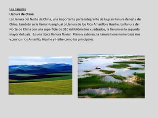 Las llanuras
Llanura de China
La Llanura del Norte de China, una importante parte integrante de la gran llanura del este de
China, también se le llama Huanghuai o Llanura de los Ríos Amarillo y Huaihe. La llanura del
Norte de China con una superficie de 310 mil kilómetros cuadrados, la llanura es la segunda
mayor del país. Es una típica llanura fluvial. Plana y extensa, la llanura tiene numerosos ríos
y,con los ríos Amarillo, Huaihe y Haihe como los principales.
 