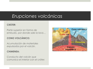 Erupciones volcánicas
CRÁTER:
Parte superior en forma de
embudo, por donde sale la lava…
CONO VOLCÁNICO:
Acumulación de materiales
expulsados por el volcán.
CHIMENEA:
Conducto del volcán que
comunica el interior con el cráter.
 