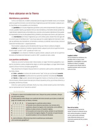 Para ubicarse en la Tierra
Meridianos y paralelos
Como si se tratara de un tablero preparado para el juego de la batalla naval, se ha trazado
sobre la superficie terrestre una red de líneas imaginarias que permite localizar cualquier pun-
to. Esas líneas son los paralelos y los meridianos.
Losparalelossoncírculosimaginariosquetienencomocentroelejeterrestre.ElEcuadoresel
círculo o paralelo máximo,que divide laTierra en dos hemisferios,el hemisferio Norte,también lla-
mado Boreal o Septentrional,y el hemisferio Sur,conocido comoAustral o Meridional.Otros parale-
los importantes son los círculos polaresÁrtico yAntártico y los trópicos de Cáncer y de Capricornio.
Los meridianos son líneas imaginarias que unen ambos polos. Desde fines del siglo XIX
se convino que el meridiano de 0 º sea el que pasa por la ciudad inglesa de Greenwich. Que-
dan así definidos dos hemisferios: el hemisferio oriental y occidental, hacia el Este y hacia el
Oeste del meridiano de 0 °, respectivamente.
Para localizar cualquier punto del planeta sólo hay que indicar su latitud y longitud.
❚ Latitud: es la distancia medida en grados desde cualquier punto de la superficie terres-
tre al Ecuador; va de 0 ° a 90 ° y puede ser norte o sur.
❚ Longitud: es la distancia medida en grados desde cualquier punto de la superficie
terrestre al meridiano de Greenwich; va de 0 a 180 °, y puede ser este u oeste.
Los puntos cardinales
Todas las acciones humanas están relacionadas con algún fenómeno geográfico. Aun-
que no nos demos cuenta; simplemente, elegir un camino para llegar a un lugar determinado
supone conocer muchos conceptos geográficos.
Para ubicamos en el espacio hay que tener en cuenta los cuatro puntos cardinales: Norte,
Sur, Este y Oeste.
❚ El Este u oriente es la dirección donde vemos “salir” el Sol, por eso llamado Levante.
❚ El Oeste u occidente es la dirección en la cual vemos“ponerse”el Sol,llamado Poniente.
❚ El Norte y el Sur pueden ubicarse de la siguiente manera: si miramos al Este y extende-
mos los brazos, el Norte estará marcado por el brazo izquierdo y el Sur, por el brazo derecho; a
la espalda, tendremos el Oeste.
Entre los cuatro puntos cardinales: Norte, Sur, Este y Oeste existen puntos intermedios
que se representan en la “rosa de los vientos”.
Actividades
1. Busquen un plano de la localidad donde viven.Ubiquen los puntos cardinales y dibujen
una rosa de los vientos.
2. Sobre papel de calcar dibujen una cuadrícula del mismo tamaño que el plano,al estilo del
juego de la batalla naval,con letras y números.
3. Superpongan la cuadrícula sobre el plano.
4.Tomando como referencia esas letras y los números de la
cuadrícula,ubiquen los lugares más importantes,como edificios
públicos,la plaza cercana,el hospital,la iglesia.
5.De acuerdo con la rosa de los vientos,señalen en qué dirección
se encuentran los lugares elegidos.Por ejemplo,el supermercado
se podría localizar en d2 con dirección Nordeste.
6. ¿Qué similitudes y diferencias hay entre la cuadrícula que construyeron
y las coordenadas geográficas?
1
2
3
4
5
a b c d e
Rosa de los vientos
La concepción de la“rosa de los
vientos”se basó en la dirección de los
ocho vientos principales,en relación
con los cuatro puntos cardinales,
cuyas referencias básicas son el
movimiento aparente del Sol y el plano
del horizonte.
Longitud y latitud
Una vez trazados los meridianos y los
paralelos sobre un plano o carta
geográfica u oceanográfica,se puede
establecer la latitud y la longitud
de cualquier punto situado sobre la
superficie terrestre,tanto en la tierra
como en el mar.
N
No Ne
Se
So
O E
S
Círculo
polar antártico
Círculo
polar ártico
Meridiano
de Greenwich
Eje terrestre
Trópico
de Cancer
Trópico
de Capricornio
Ecuador
9
 