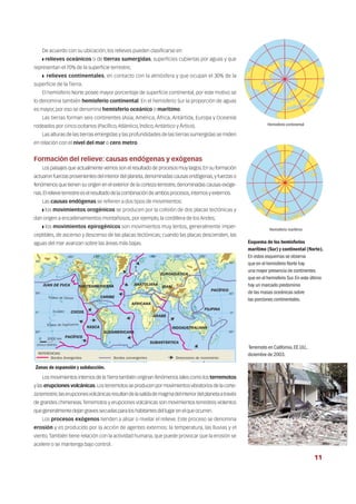 Esquema de los hemisferios
marítimo (Sur) y continental (Norte).
En estos esquemas se observa
que en el hemisferio Norte hay
una mayor presencia de continentes
que en el hemisferio Sur.En este último
hay un marcado predominio
de las masas oceánicas sobre
las porciones continentales.
Hemisferio marítimo
Hemisferio continental
Terremoto en California,EE.UU.,
diciembre de 2003.
De acuerdo con su ubicación, los relieves pueden clasificarse en:
❚ relieves oceánicos o de tierras sumergidas, superficies cubiertas por aguas y que
representan el 70% de la superficie terrestre;
❚ relieves continentales, en contacto con la atmósfera y que ocupan el 30% de la
superficie de la Tierra.
El hemisferio Norte posee mayor porcentaje de superficie continental, por este motivo se
lo denomina también hemisferio continental. En el hemisferio Sur la proporción de aguas
es mayor, por eso se denomina hemisferio oceánico o marítimo.
Las tierras forman seis continentes (Asia, América, África, Antártida, Europa y Oceanía)
rodeados por cinco océanos (Pacífico,Atlántico, Índico,Antártico y Ártico).
Las alturas de las tierras emergidas y las profundidades de las tierras sumergidas se miden
en relación con el nivel del mar o cero metro.
Formación del relieve: causas endógenas y exógenas
Los paisajes que actualmente vemos son el resultado de procesos muy largos.En su formación
actuaron fuerzas provenientes del interior del planeta,denominadas causas endógenas,y fuerzas o
fenómenos que tienen su origen en el exterior de la corteza terrestre,denominadas causas exóge-
nas.Elrelieveterrestreeselresultadodelacombinacióndeambosprocesos,internosyexternos.
Las causas endógenas se refieren a dos tipos de movimientos:
❚ los movimientos orogénicos se producen por la colisión de dos placas tectónicas y
dan origen a encadenamientos montañosos, por ejemplo, la cordillera de los Andes;
❚ los movimientos epirogénicos son movimientos muy lentos, generalmente imper-
ceptibles, de ascenso y descenso de las placas tectónicas; cuando las placas descienden, las
aguas del mar avanzan sobre las áreas más bajas.
Los movimientos internos de laTierra también originan fenómenos tales como los terremotos
ylaserupciones volcánicas.Losterremotosseproducenpormovimientosvibratoriosdelacorte-
zaterrestre;laserupcionesvolcánicasresultandelasalidademagmadelinteriordelplanetaatravés
de grandes chimeneas.Terremotos y erupciones volcánicas son movimientos terrestres violentos
quegeneralmentedejangravessecuelasparaloshabitantesdellugarenelqueocurren.
Los procesos exógenos tienden a alisar o nivelar el relieve. Este proceso se denomina
erosión y es producido por la acción de agentes externos: la temperatura, las lluvias y el
viento.También tiene relación con la actividad humana, que puede provocar que la erosión se
acelere o se mantenga bajo control.
Zonas de expansión y subducción.
11
 