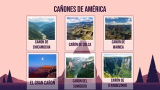 cañones de América
CAÑÓN DE
CHICAMOCHA
Cañón de colca
CAÑÓN DE
WAIMEA
El gran cañón CAÑÓN DEL
SUMIDERO
CAÑÓN DE
ITAIMBEZINHO
 