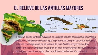 El Relieve de las Antillas mayores
el relieve de las Antillas mayores es un arco insular combinado con Valles,
montañas, llanuras y mesetas que representan un gran atractivo turístico
sobre la región puntos en el relieve de Las Antillas mayores se dan
características complejas Pues por un lado encontramos relieves antiguos
de origen herciniana y por el otro volcanes de formación reciente
 