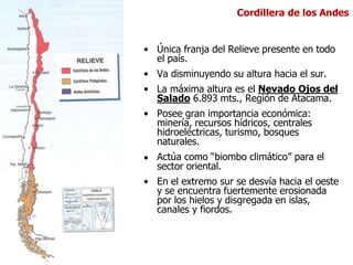 Cordillera de los Andes
•
• Única franja del Relieve presente en todo
el país.
• Va disminuyendo su altura hacia el sur.
• La máxima altura es el Nevado Ojos del
Salado 6.893 mts., Región de Atacama.
• Posee gran importancia económica:
minería, recursos hídricos, centrales
hidroeléctricas, turismo, bosques
naturales.
Actúa como “biombo climático” para el
sector oriental.
• En el extremo sur se desvía hacia el oeste
y se encuentra fuertemente erosionada
por los hielos y disgregada en islas,
canales y fiordos.
 