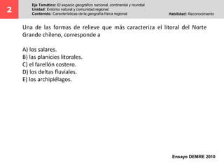Una de las formas de relieve que más caracteriza el litoral del Norte
Grande chileno, corresponde a
A) los salares.
B) las planicies litorales.
C) el farellón costero.
D) los deltas fluviales.
E) los archipiélagos.
2
Eje Temático: El espacio geográfico nacional, continental y mundial
Unidad: Entorno natural y comunidad regional
Contenido: Características de la geografía física regional Habilidad: Reconocimiento
Ensayo DEMRE 2010
 