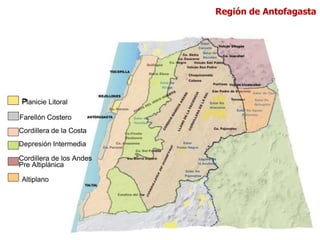 P
Planicie Litoral
Farellón Costero
Cordillera de la Costa
Depresión Intermedia
Cordillera de los Andes
Pre Altiplánica
Altiplano
Región de Antofagasta
 