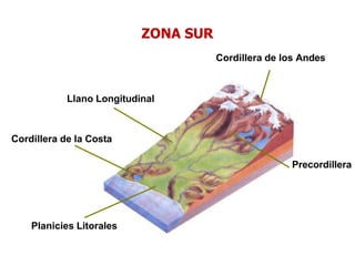 Planicies Litorales
Llano Longitudinal
Cordillera de la Costa
Cordillera de los Andes
Precordillera
ZONA SUR
 