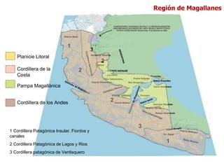 Planicie Litoral
Cordillera de la
Costa
Pampa Magallánica
Cordillera de los Andes
1
2
3
2
2
3
1
1 Cordillera Patagónica Insular. Fiordos y
canales
2 Cordillera Patagónica de Lagos y Ríos
3 Cordillera patagónica de Ventisquero
Región de Magallanes
 