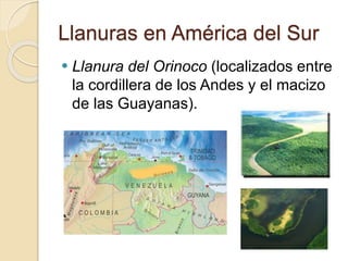 Llanuras en América del Sur
 Llanura del Orinoco (localizados entre
la cordillera de los Andes y el macizo
de las Guayanas).
 