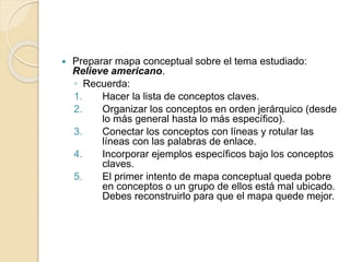  Preparar mapa conceptual sobre el tema estudiado:
Relieve americano.
◦ Recuerda:
1. Hacer la lista de conceptos claves.
2. Organizar los conceptos en orden jerárquico (desde
lo más general hasta lo más específico).
3. Conectar los conceptos con líneas y rotular las
líneas con las palabras de enlace.
4. Incorporar ejemplos específicos bajo los conceptos
claves.
5. El primer intento de mapa conceptual queda pobre
en conceptos o un grupo de ellos está mal ubicado.
Debes reconstruirlo para que el mapa quede mejor.
 