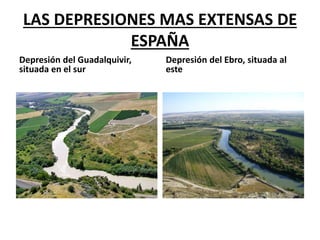 LAS DEPRESIONES MAS EXTENSAS DE
ESPAÑA
Depresión del Guadalquivir,
situada en el sur
Depresión del Ebro, situada al
este
 