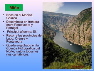 Miño
• Nace en el Macizo
Galaico.
• Desemboca en frontera
entre Pontevedra y
Portugal
• Principal afluente: Sil.
• Recorre las provincias de
Lugo, Orense y
Pontevedra
• Queda englobado en la
Cuenca Hidrográfica del
Norte, junto a todos los
ríos cantábricos.
Prof. ISAAC BUZO SÁNCHEZ
Cañón del Sil
 