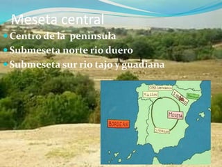Meseta central
 Centro de la peninsula
 Submeseta norte rio duero
 Submeseta sur rio tajo y guadiana
 