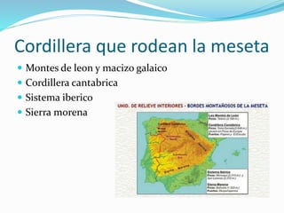 Cordillera que rodean la meseta
 Montes de leon y macizo galaico
 Cordillera cantabrica
 Sistema iberico
 Sierra morena
 