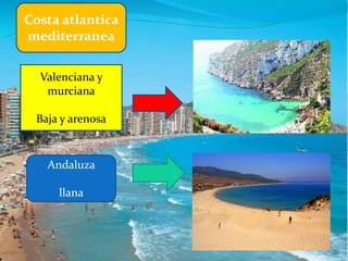 Costa atlantica
mediterranea
Valenciana y
murciana
Baja y arenosa
Andaluza
llana
 