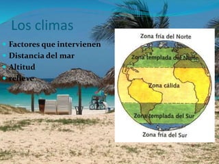 Los climas
 Factores que intervienen
 Distancia del mar
 Altitud
 relieve
 