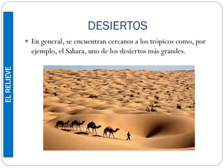 DESIERTOS
 En general, se encuentran cercanos a los trópicos como, por
ejemplo, el Sahara, uno de los desiertos más grandes.
ELRELIEVE
 