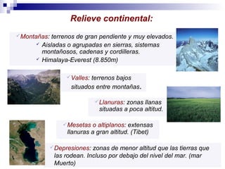 Relieve continental:
 Montañas:




terrenos de gran pendiente y muy elevados.
Aisladas o agrupadas en sierras, sistemas
montañosos, cadenas y cordilleras.
Himalaya-Everest (8.850m)
 Valles:

terrenos bajos
situados entre montañas.
 Llanuras:

zonas llanas
situadas a poca altitud.

 Mesetas

o altiplanos: extensas
llanuras a gran altitud. (Tibet)

 Depresiones:

zonas de menor altitud que las tierras que
las rodean. Incluso por debajo del nivel del mar. (mar
Muerto)

 