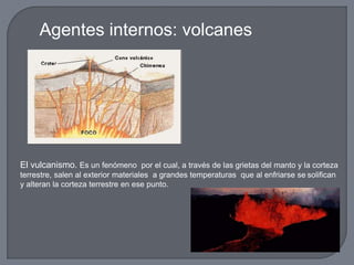 Agentes internos: volcanes
El vulcanismo. Es un fenómeno por el cual, a través de las grietas del manto y la corteza
terrestre, salen al exterior materiales a grandes temperaturas que al enfriarse se solifican
y alteran la corteza terrestre en ese punto.
 