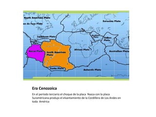 Era Cenozoica
En el período terciario el choque de la placa Nazca con la placa
Suraméricana produjo el elvantamiento de la Cordillera de Los Andes en
toda América
 