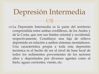 La Depresión Intermedia es la parte del territorio comprendida entre ambas cordilleras, de los Andes y de la Costa, que son sus límites oriental y occidental, respectivamente. Constituye una faja de relieve deprimido en relación a ambos sistemas montañosos. Una característica propia a toda esta depresión tectónica es el hecho de ser el nivel de base local de todos los sedimentos provenientes de los sectores altos y depositados por diversos agentes como el hielo, aguas corrientes, viento, etc. Depresión Intermedia