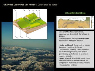 GRANDES UNIDADES DEL RELIEVE. Cordilleras de borde 
b) Cordillera Cantábrica 
Separa la Meseta del Cantábrico, 
siguiendo una dirección O-E a lo largo de 
400 Km. 
En ella podemos distinguir dos sectores 
de dominios litológicos distintos. 
•Sector occidental: Comprende el Macizo 
Asturiano y los Picos de Europa 
(Torrecerredo, 2648m). Está compuesto 
por materiales graníticos, con relieves 
germánico y apalachense. Es la zona de 
mayores altitudes 
•Sector oriental: Se extiende desde Picos 
de Europa hasta los montes vascos. Se 
compone de materiales calizos y presenta 
relieves de tipo jurásico. 
 