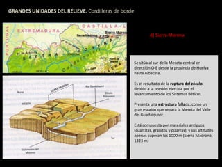 GRANDES UNIDADES DEL RELIEVE. Cordilleras de borde 
d) Sierra Morena 
Se sitúa al sur de la Meseta central en 
dirección O-E desde la provincia de Huelva 
hasta Albacete. 
Es el resultado de la ruptura del zócalo 
debido a la presión ejercida por el 
levantamiento de los Sistemas Béticos. 
Presenta una estructura fallada, como un 
gran escalón que separa la Meseta del Valle 
del Guadalquivir. 
Está compuesta por materiales antiguos 
(cuarcitas, granitos y pizarras), y sus altitudes 
apenas superan los 1000 m (Sierra Madrona, 
1323 m) 
 