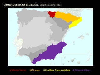 GRANDES UNIDADES DEL RELIEVE. Cordilleras exteriores 
a) Montes Vascos b) Pirineos c) Cordillera Costero-catalana d) Sistemas Béticos 
 