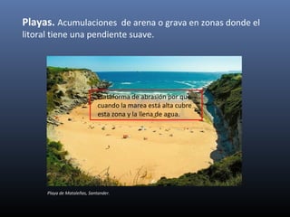 Playas. Acumulaciones de arena o grava en zonas donde el
litoral tiene una pendiente suave.
Plataforma de abrasión por que
cuando la marea está alta cubre
esta zona y la llena de agua.
Playa de Mataleñas, Santander.
 