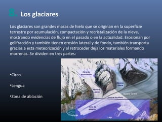 Los glaciares son grandes masas de hielo que se originan en la superficie
terrestre por acumulación, compactación y recristalización de la nieve,
mostrando evidencias de flujo en el pasado o en la actualidad. Erosionan por
gelifracción y también tienen erosión lateral y de fondo, también transporta
gracias a esta meteorización y al retroceder deja los materiales formando
morrenas. Se dividen en tres partes:
•Circo
•Lengua
•Zona de ablación
8. Los glaciares
 