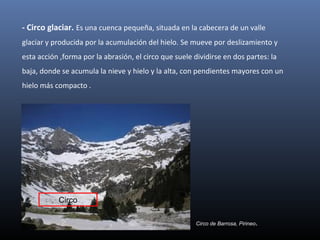 - Circo glaciar. Es una cuenca pequeña, situada en la cabecera de un valle
glaciar y producida por la acumulación del hielo. Se mueve por deslizamiento y
esta acción ,forma por la abrasión, el circo que suele dividirse en dos partes: la
baja, donde se acumula la nieve y hielo y la alta, con pendientes mayores con un
hielo más compacto .
Circo de Barrosa, Pirineo.
Circo
 