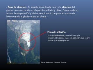 - Zona de ablación. Es aquella zona donde ocurre la ablación del
glaciar que es el modo en el que pierde hielo y nieve. Comprende la
fusión, la evaporación y el desprendimiento de grandes masas de
hielo cuando el glaciar entra en el mar.
Zona de ablación
Es la zona donde se junta la fusión y la
evaporación, dando lugar a la ablación, que es ahí
donde se acaba el glaciar.
Glaciar des Bossons. Chamonix. (Francia)
 