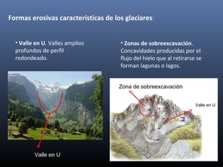 Formas erosivas características de los glaciares:
• Valle en U. Valles amplios
profundos de perfil
redondeado.
• Zonas de sobreexcavación.
Concavidades producidas por el
flujo del hielo que al retirarse se
forman lagunas o lagos.
Valle en U
Valle en U
Zona de sobreexcavación
 