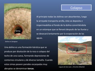 Laguna de San Juan , Chinchón (Madrid)
Torca
Dolina en Zaragoza
Al principio todas las dolinas son absorbentes, luego
la arroyada transporta arcilla, ésta se deposita e
impermeabiliza el fondo de la dolina convirtiéndola
en un estanque que se llenará después de las lluvias y
se desecará lentamente por la evaporación de las
aguas.
Una dolina es una formación kárstica que se
produce por disolución de la roca o colapso del
techo de una cueva, formando depresiones de
contornos circulares y de diverso tamaño. Cuando
estas simas poseen paredes escarpadas muy
abruptas se denominan torcas.
Sima
Colapso
 