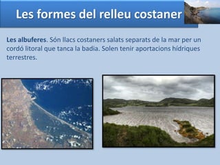 Les formes del relleu costaner 
Les albuferes. Són llacs costaners salats separats de la mar per un 
cordó litoral que tanca la badia. Solen tenir aportacions hídriques 
terrestres. 
 