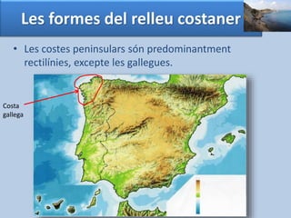 Les formes del relleu costaner 
• Les costes peninsulars són predominantment 
rectilínies, excepte les gallegues. 
Costa 
gallega 
 