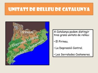 UNITATS DE RELLEU DE CATALUNYA



                A Catalunya podem distingir
                tres grans unitats de relleu:

                • El Pirineu.

                • La Depressió Central.

                • Les Serralades Costaneres.
 
