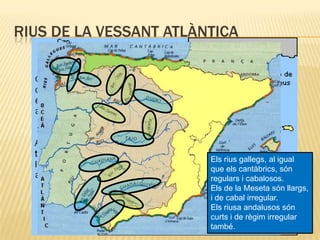Rius de la vessant atlànticaEls rius gallegs, al igual que els cantàbrics, són regulars i cabalosos.Els de la Meseta són llargs, i de cabal irregular.Els riusa andalusos són curts i de règim irregular també.