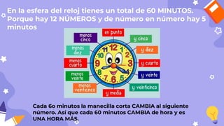 En la esfera del reloj tienes un total de 60 MINUTOS.
Porque hay 12 NÚMEROS y de número en número hay 5
minutos
Cada 6o minutos la manecilla corta CAMBIA al siguiente
número. Así que cada 60 minutos CAMBIA de hora y es
UNA HORA MÁS.
 