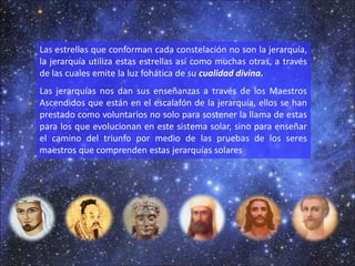 Las estrellas que conforman cada constelación no son la jerarquía,
la jerarquía utiliza estas estrellas así como muchas otras, a través
de las cuales emite la luz fohática de su cualidad divina.
Las jerarquías nos dan sus enseñanzas a través de los Maestros
Ascendidos que están en el escalafón de la jerarquía, ellos se han
prestado como voluntarios no solo para sostener la llama de estas
para los que evolucionan en este sistema solar, sino para enseñar
el camino del triunfo por medio de las pruebas de los seres
maestros que comprenden estas jerarquías solares
 