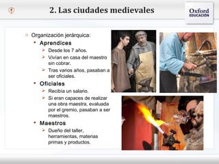 – Haga clic para modificar el estilo de texto del patrón
 Segundo nivel
o Tercer nivel
 Cuarto nivel
 Quinto nivel
2. Las ciudades medievales
o Organización jerárquica:
 Aprendices
 Desde los 7 años.
 Vivían en casa del maestro
sin cobrar.
 Tras varios años, pasaban a
ser oficiales.
 Oficiales
 Recibía un salario.
 Si eran capaces de realizar
una obra maestra, evaluada
por el gremio, pasaban a ser
maestros.
 Maestros
 Dueño del taller,
herramientas, materias
primas y productos.
 