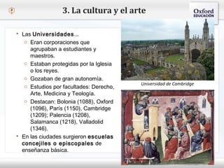 – Haga clic para modificar el estilo de texto del patrón
 Segundo nivel
o Tercer nivel
 Cuarto nivel
 Quinto nivel
 Las Universidades...
o Eran corporaciones que
agrupaban a estudiantes y
maestros.
o Estaban protegidas por la Iglesia
o los reyes.
o Gozaban de gran autonomía.
o Estudios por facultades: Derecho,
Arte, Medicina y Teología.
o Destacan: Bolonia (1088), Oxford
(1096), París (1150), Cambridge
(1209); Palencia (1208),
Salamanca (1218), Valladolid
(1346).
 En las ciudades surgieron escuelas
concejiles o episcopales de
enseñanza básica.
3. La cultura y el arte
Universidad de Cambridge
 