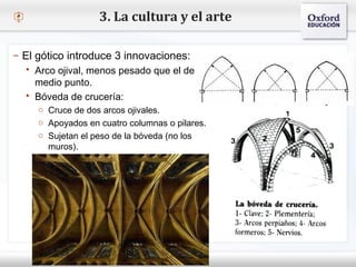 – Haga clic para modificar el estilo de texto del patrón
 Segundo nivel
o Tercer nivel
 Cuarto nivel
 Quinto nivel
3. La cultura y el arte
– El gótico introduce 3 innovaciones:
 Arco ojival, menos pesado que el de
medio punto.
 Bóveda de crucería:
o Cruce de dos arcos ojivales.
o Apoyados en cuatro columnas o pilares.
o Sujetan el peso de la bóveda (no los
muros).
 